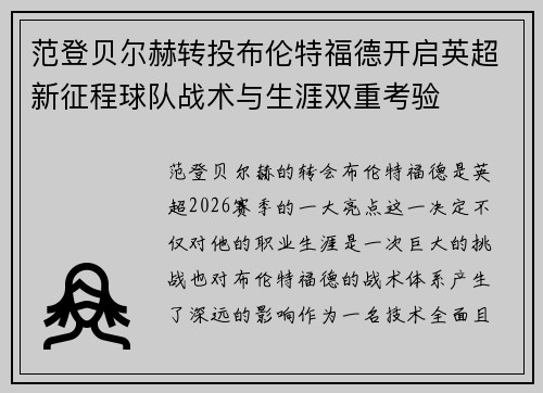 范登贝尔赫转投布伦特福德开启英超新征程球队战术与生涯双重考验